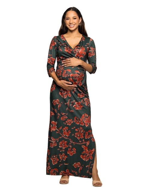 Floral Print Three Quarter Sleeve Side Slit Maxi Dress