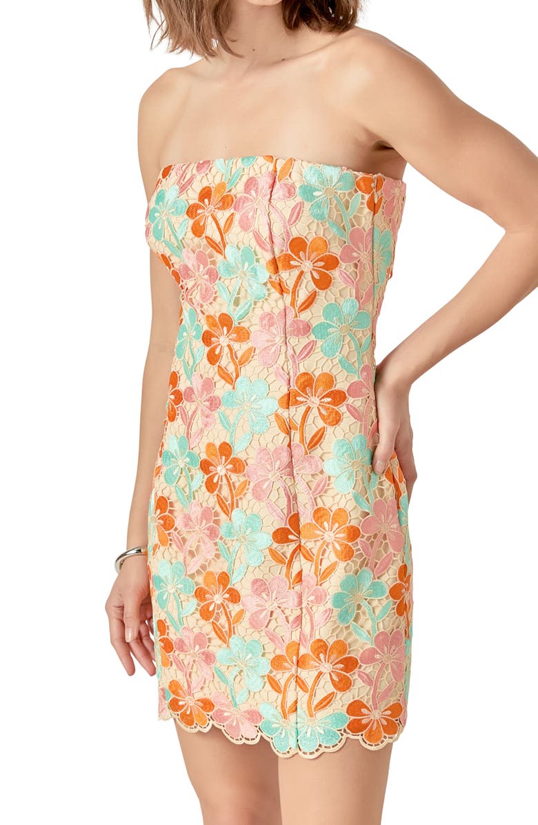 Endless Rose Floral Lace Strapless Minidress, Alternate, color, Orange Multi Color