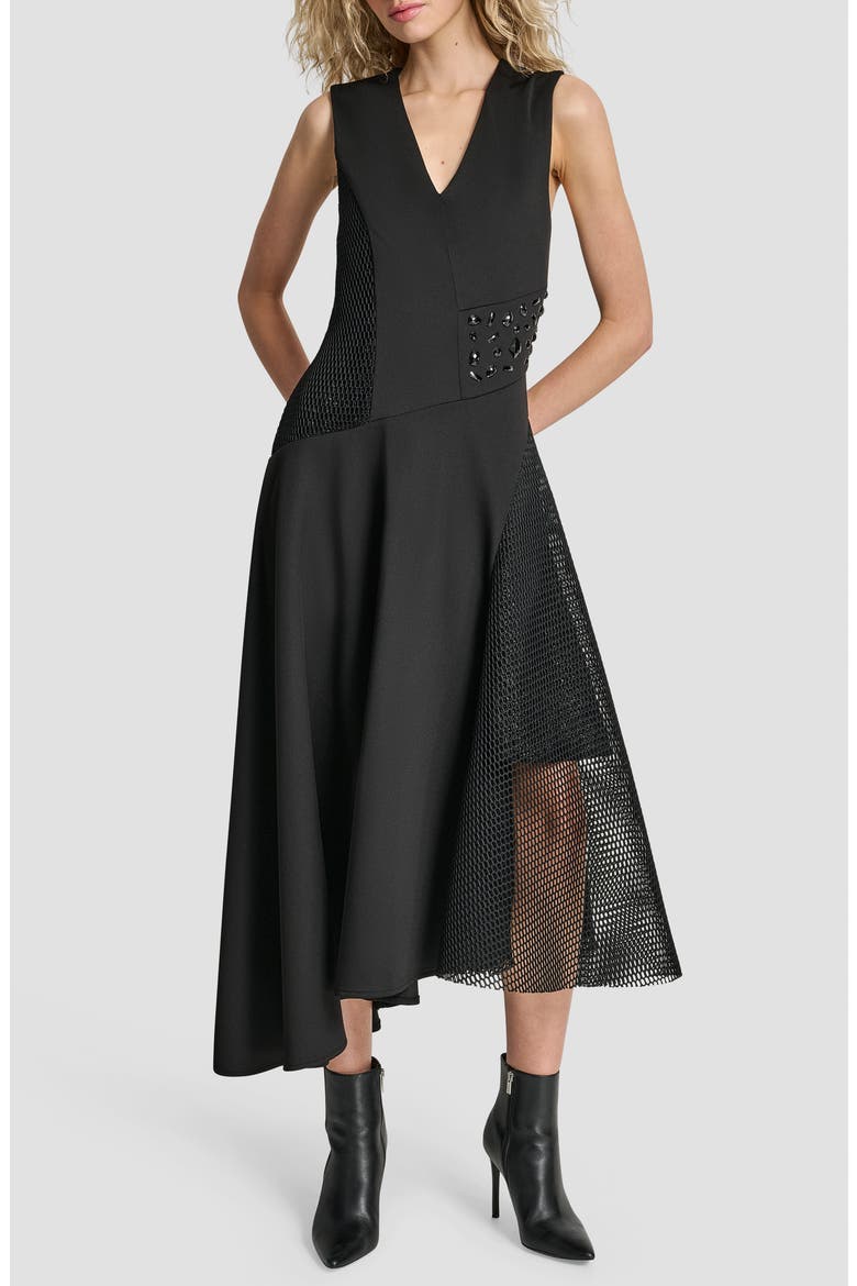 Sleevless Mixed Media Asymmetric Maxi Dress, Main, color, BLACK
