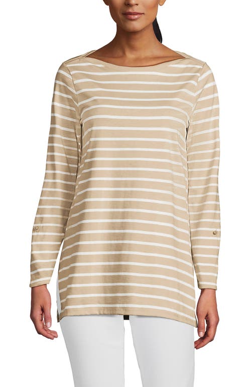 Lands' End Supima Cotton Adjustable 3/4 Sleeve Boatneck Tunic In Champagne/ivory Breton Stripe