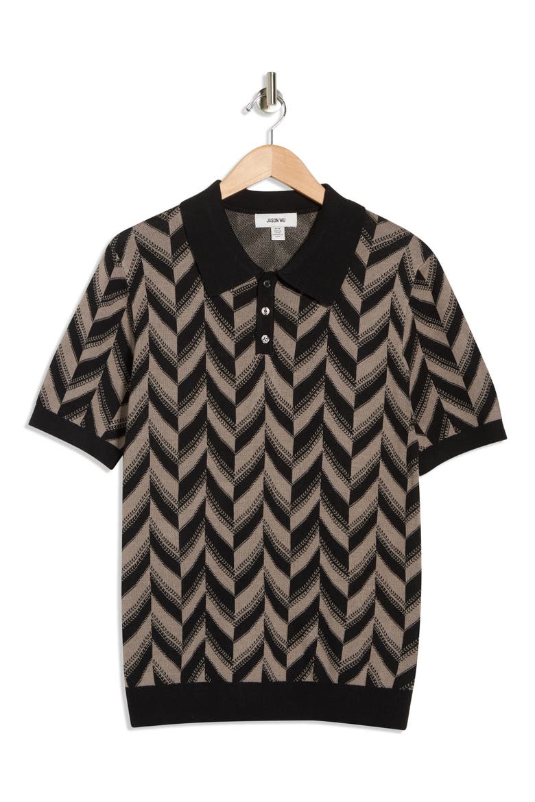 Chevron Silk & Cotton Polo, Alternate, color, BLACK/ SOFT TAUPE