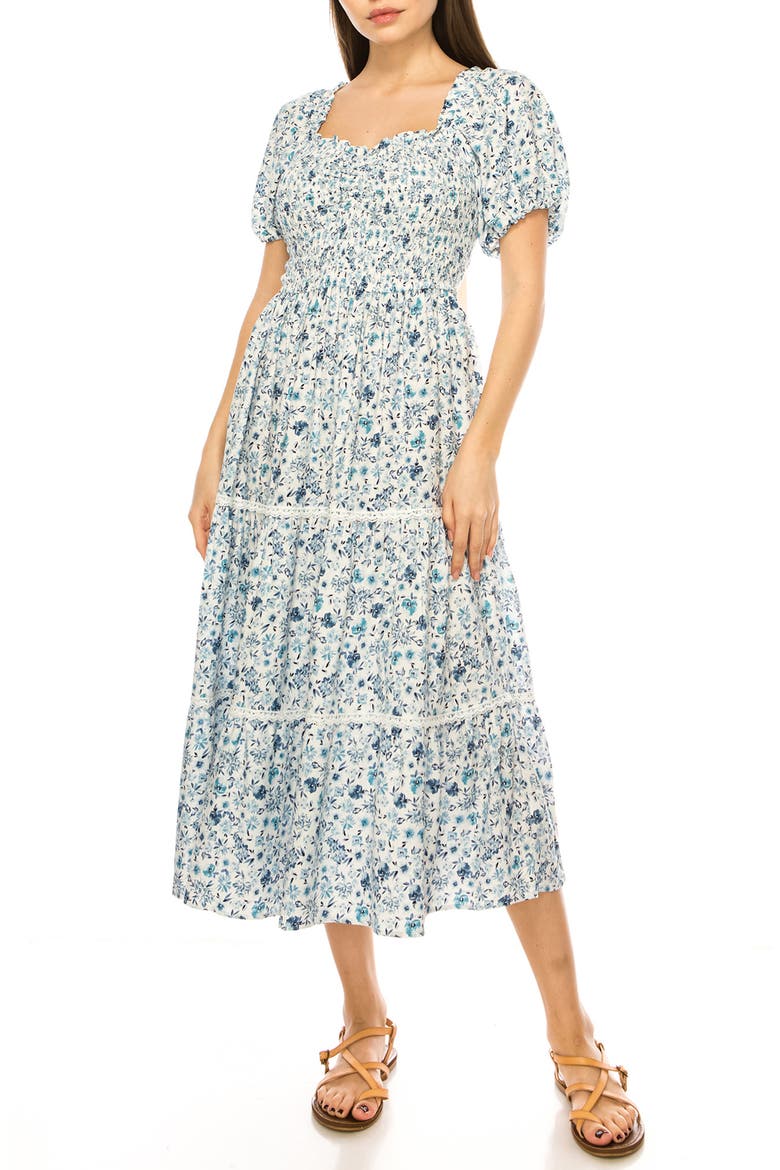 Floral Midi Dress, Main, color, BRIGHT WHITE/ BLUE
