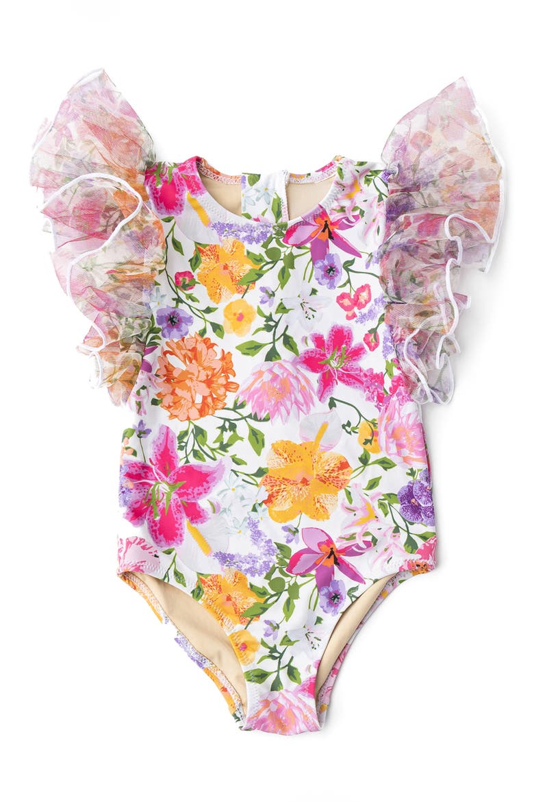Kids' Summer Gardens Tulle Trim One-Piece Swimsuit, Main, color, PINK