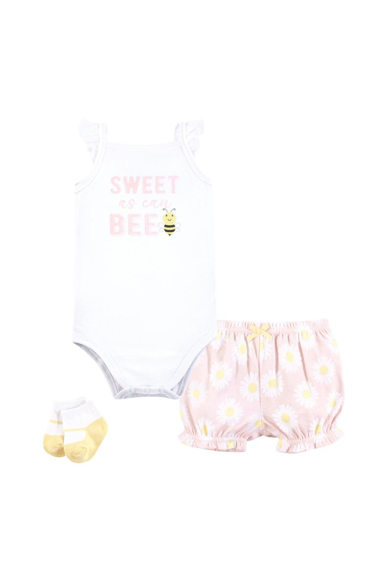 Hudson Baby Coordinated Bodysuit Outfit with Shorts and Socks, Main, color, Bee Pink Daisy