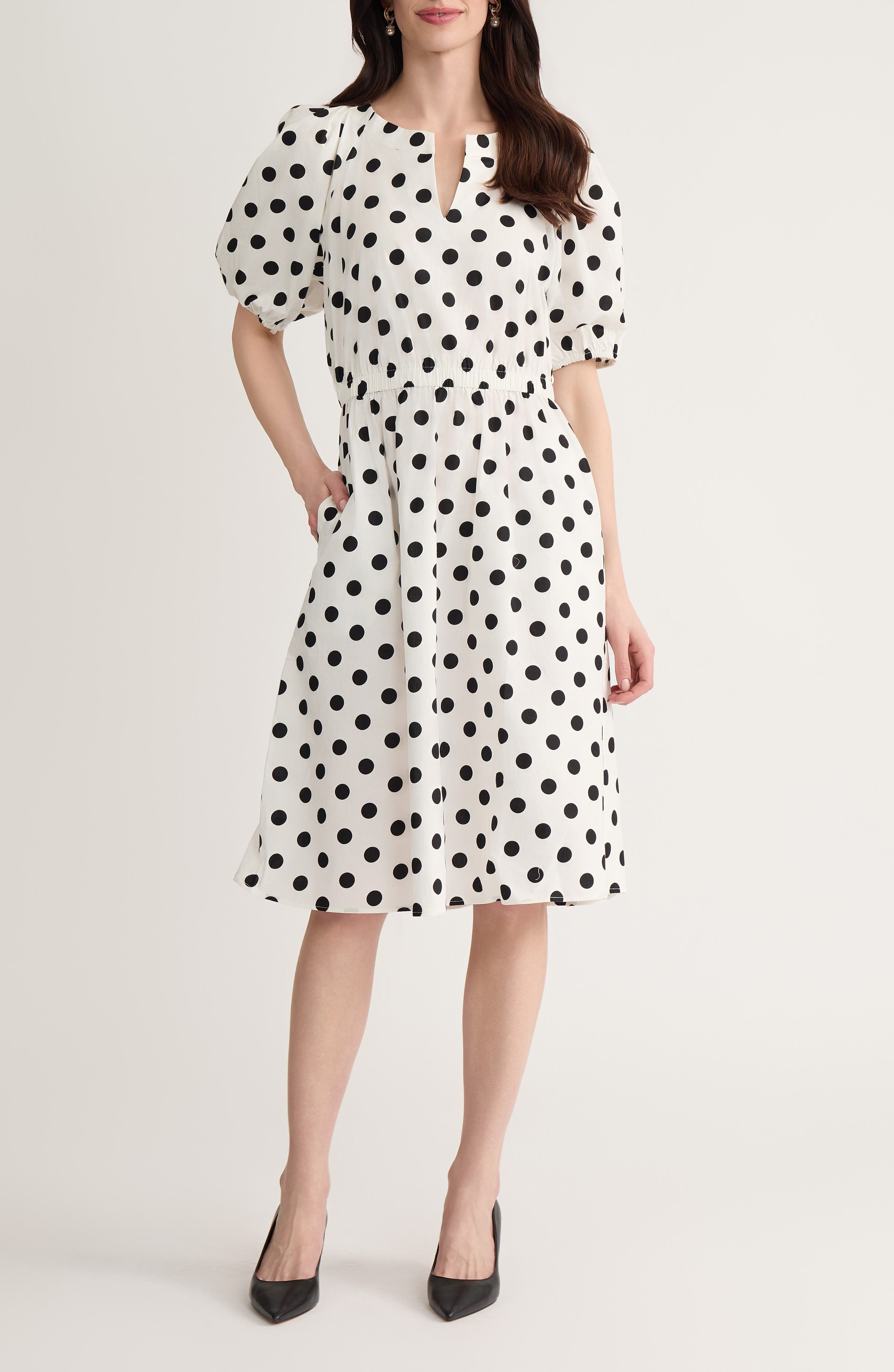 Polka Dot Puff Sleeve Stretch Cotton Dress