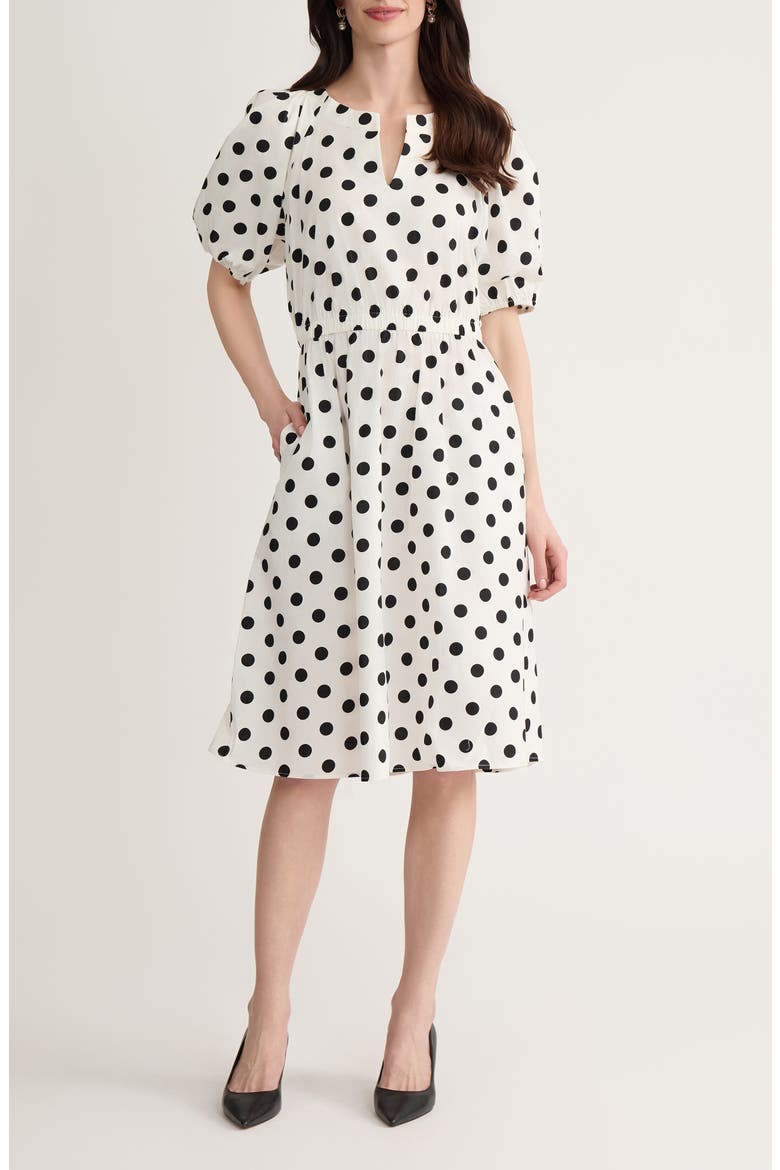 Polka Dot Puff Sleeve Stretch Cotton Dress, Main, color, LILY WHITE/ BLACK