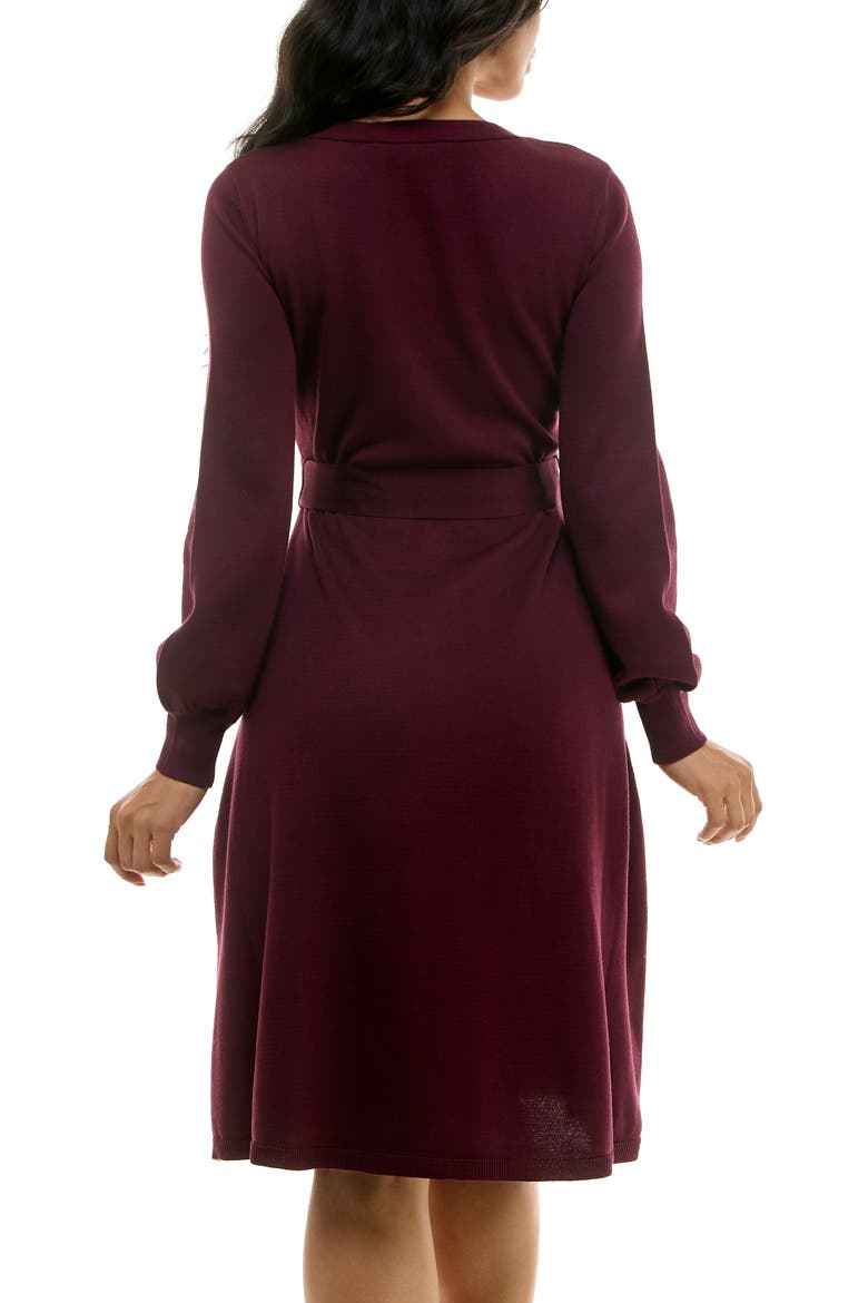 Waist Tie Ribbed Long Sleeve Sweater Dress, Alternate, color, DEEP WINE