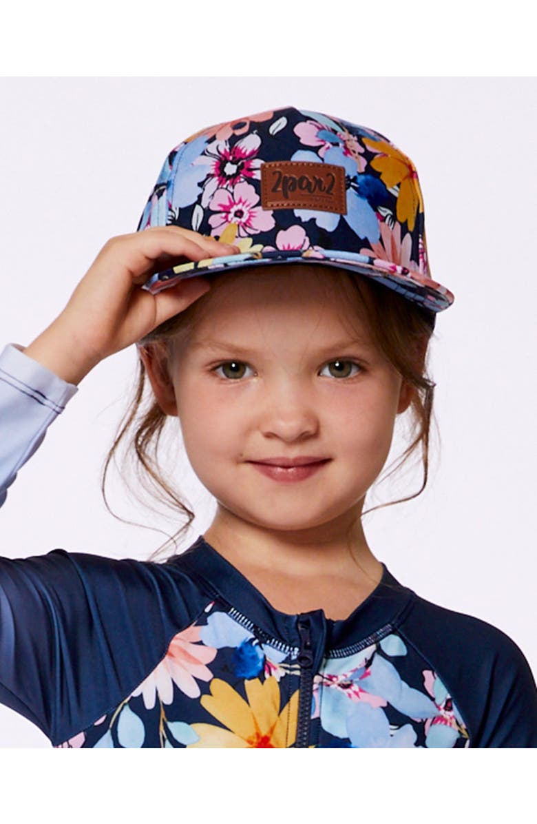 Deux par Deux Girl's Printed Cap Navy And Yellow And Pink Flowers, Alternate, color,