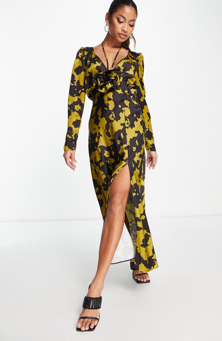 ASOS DESIGN Corsage Rosette Long Sleeve Satin Dress, Main, color,