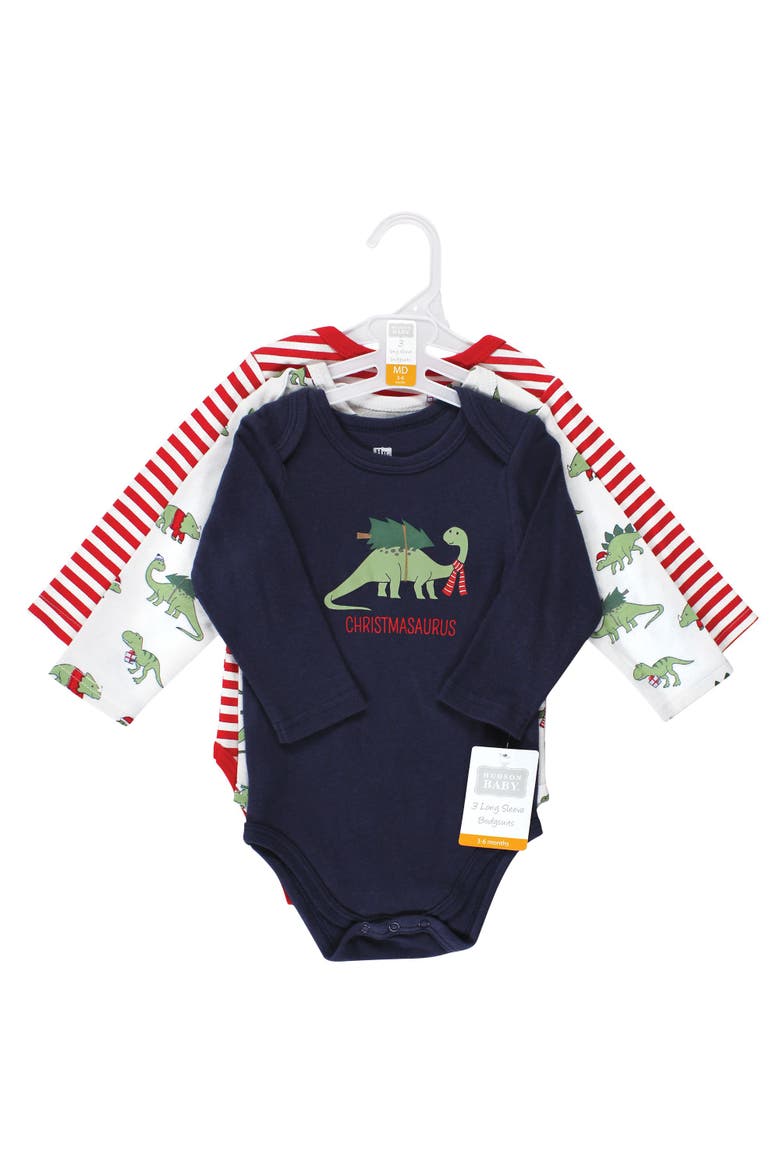 Everyday Long-Sleeve Cotton All-in-Ones, Alternate, color, Christmasaurus