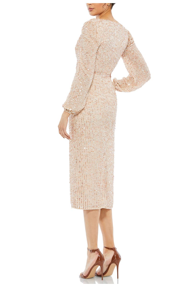 Mac Duggal Sequin Faux-Wrap Cocktail Dress with Puff-Shoulder Sleeves & Midi Skirt, Alternate, color, Nude