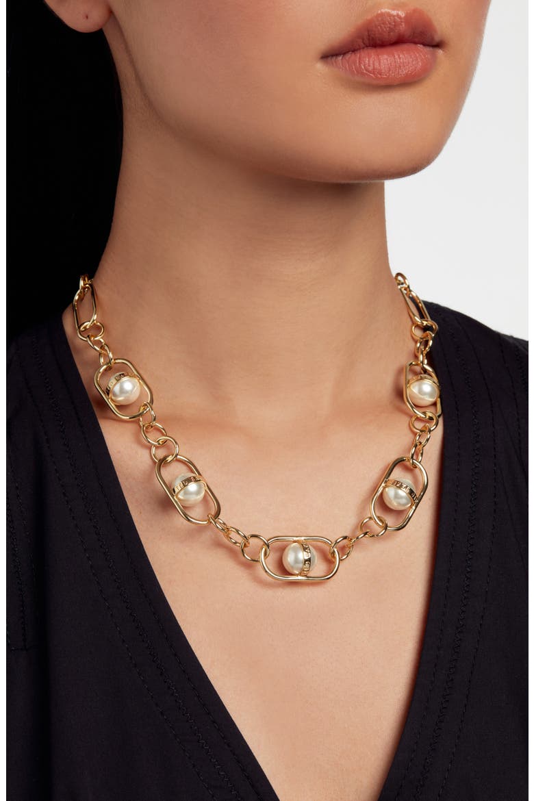 Perriet Imitation Pearl Chain Statement Necklace, Alternate, color, GOLD TONE/ PEARL
