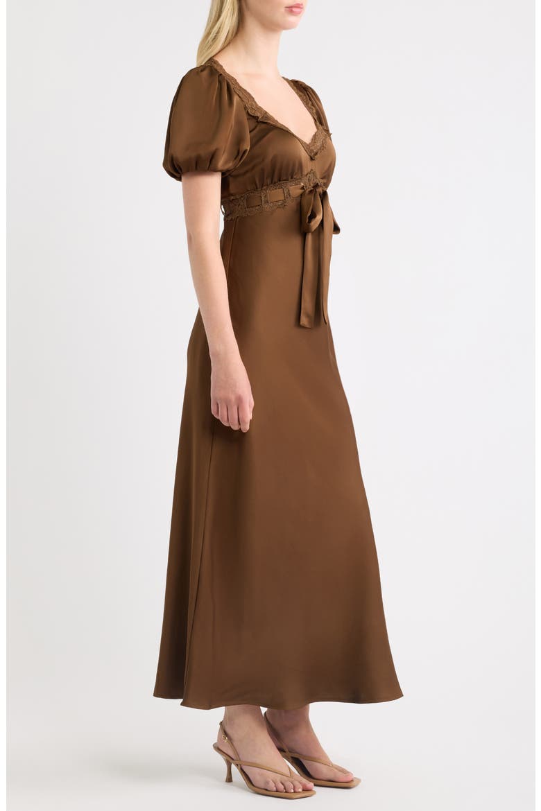Puff Sleeve Lace Trim Maxi Dress, Alternate, color, BROWN