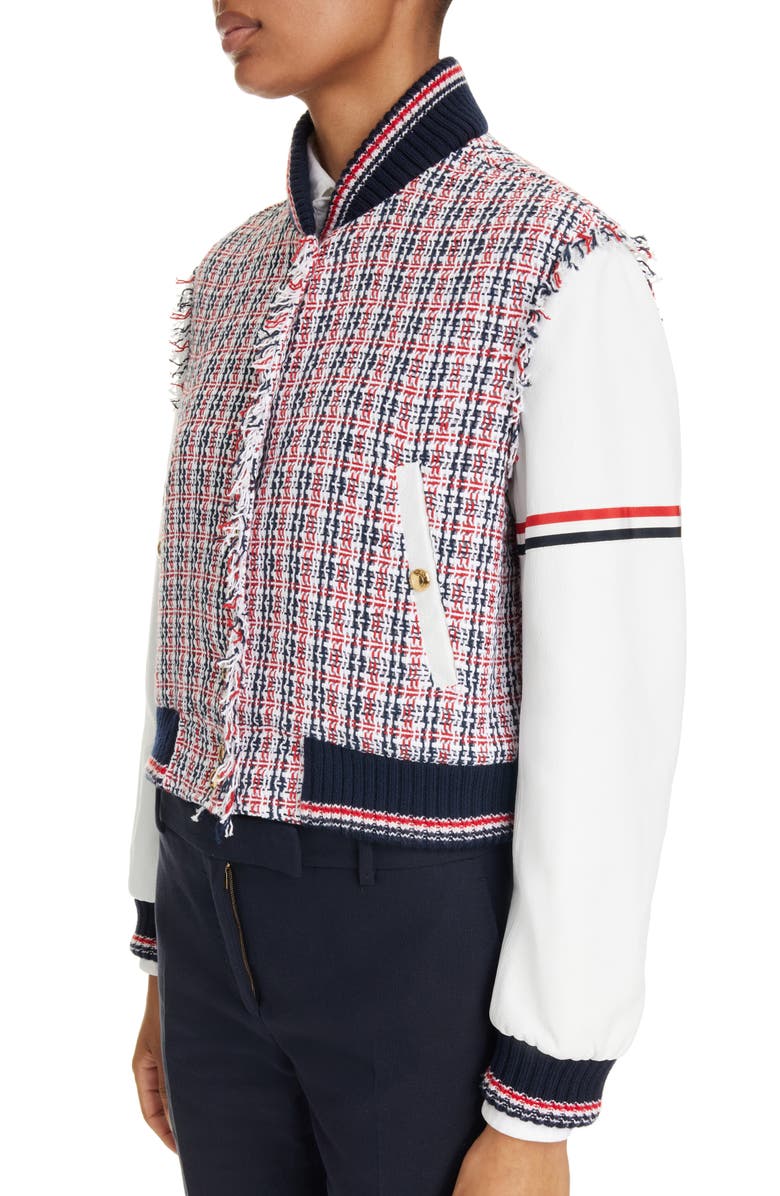 Thom Browne Check Tweed & Leather Varsity Jacket, Alternate, color, 