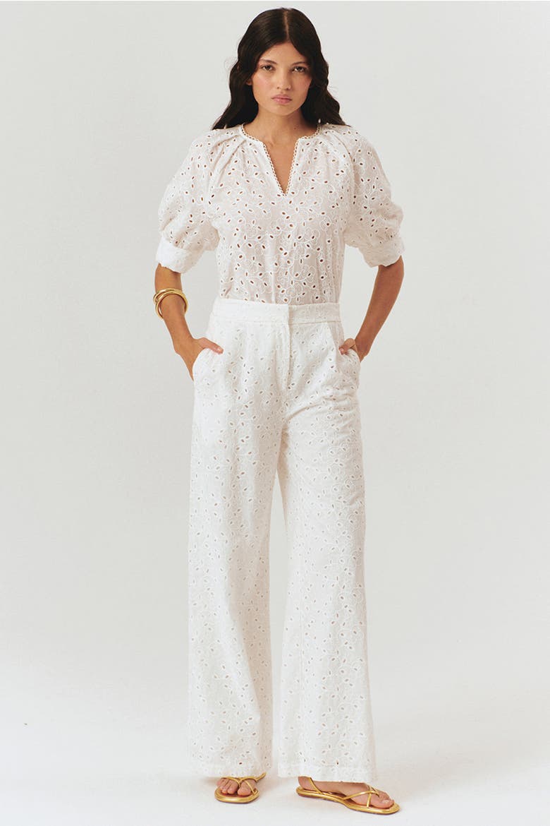 Broderie Anglaise Fabric Pants, Main, color, White