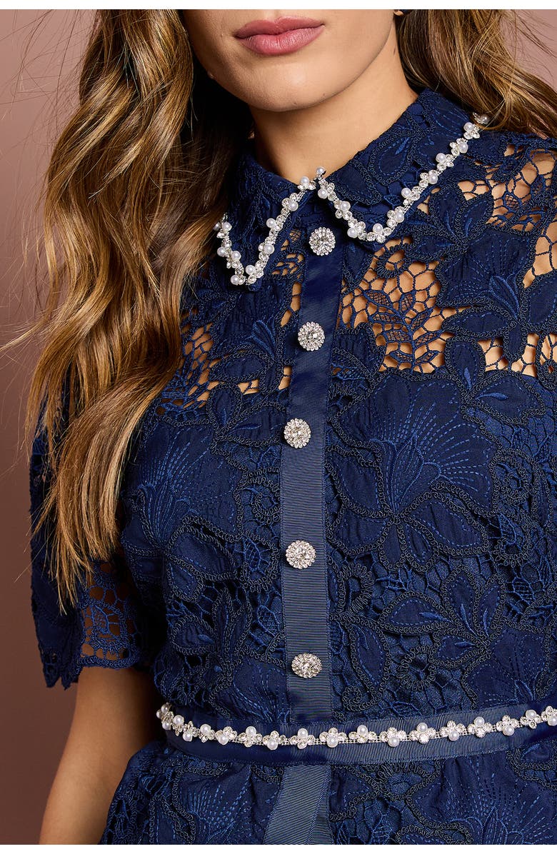 Coast Lace Top Pleat Skirt Jewel Button Dress, Alternate, color, Navy