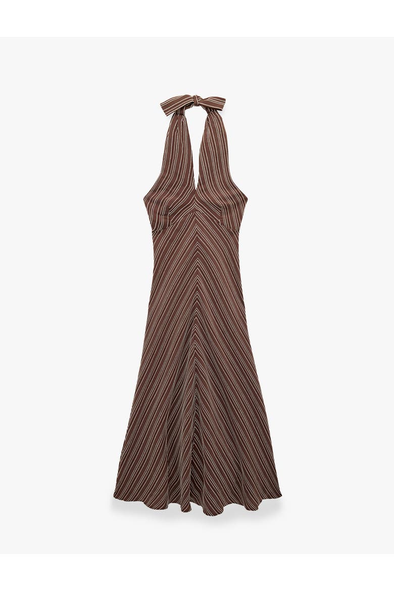 A-Line Halter Neck Striped Midi Dress, Alternate, color, BROWN STRIPE