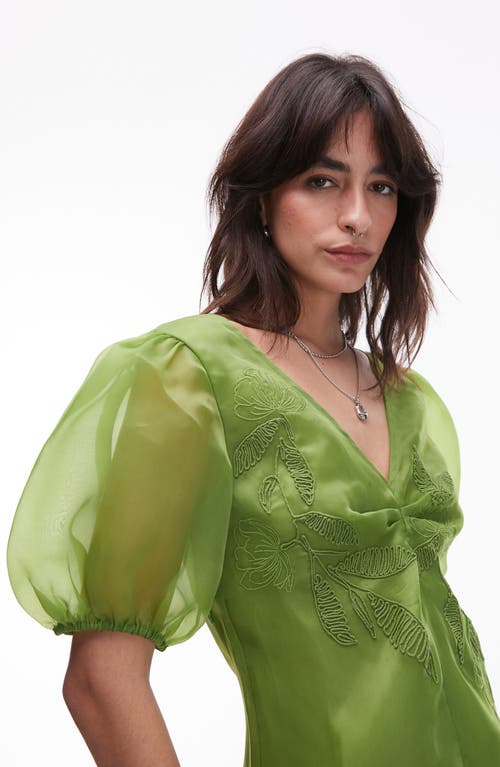 Topshop Embroidered Puff Sleeve Top In Green