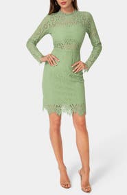 bebe Bandeau Lace Long Sleeve Dress