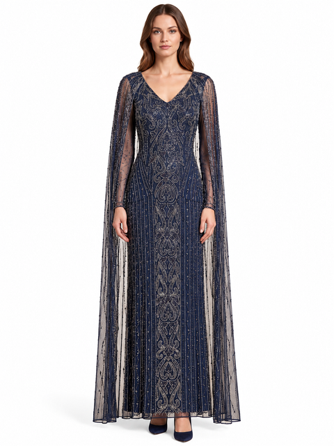 V-Neck Linear Beaded Dress with Long Cape