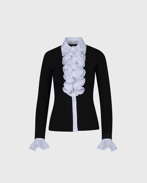 Women's Shirt  Patsybw Black And White Long Sleeve Shirt With Ruffle Placket And Button Front