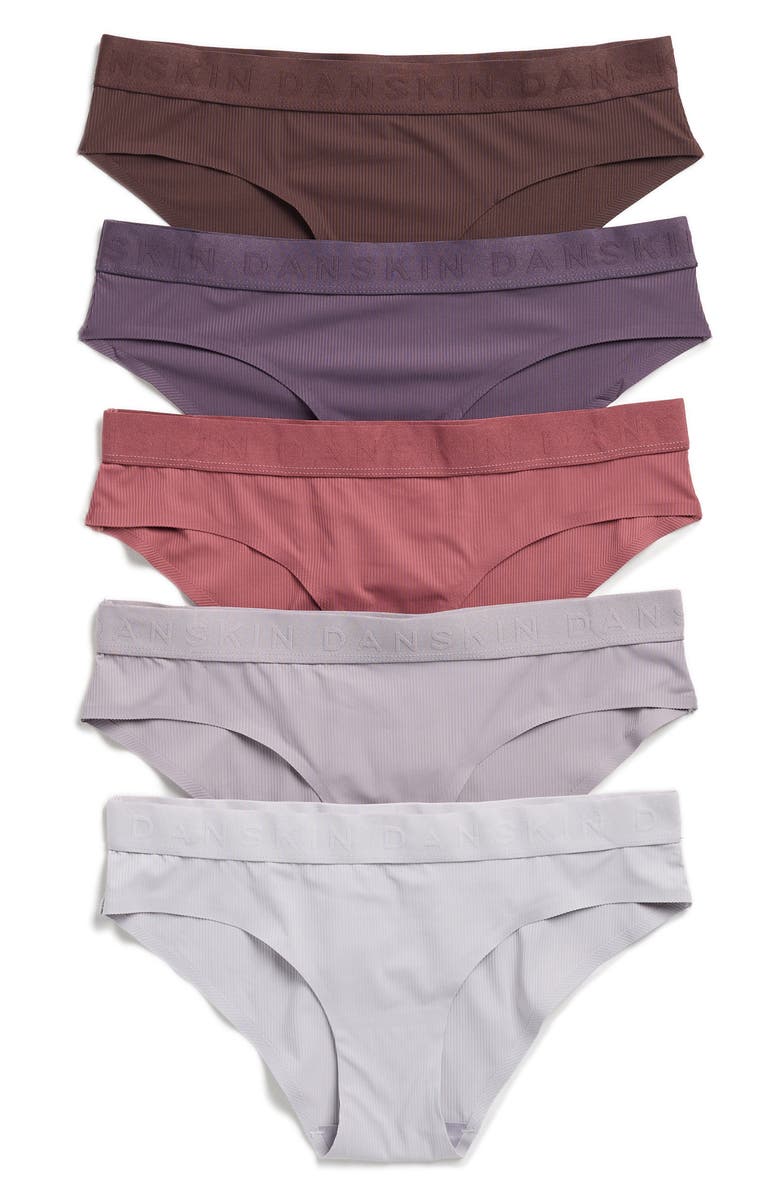 Danskin Assorted 5-Pack Bonded Microfiber Ribbed Hipster Briefs, Main, color, Violet/Cosmos/Haze/Mauve/Wood