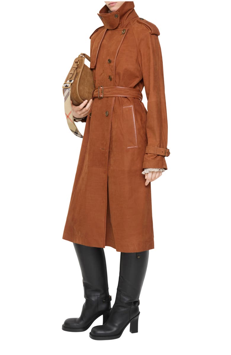 Burberry Long Nubuck Castleford Trench Coat, Main, color, Ginger Brown