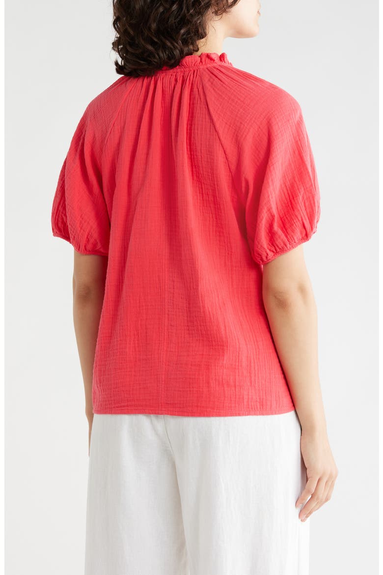 Split Neck Puff Sleeve Cotton Gauze Top, Alternate, color, RED GERANIUM
