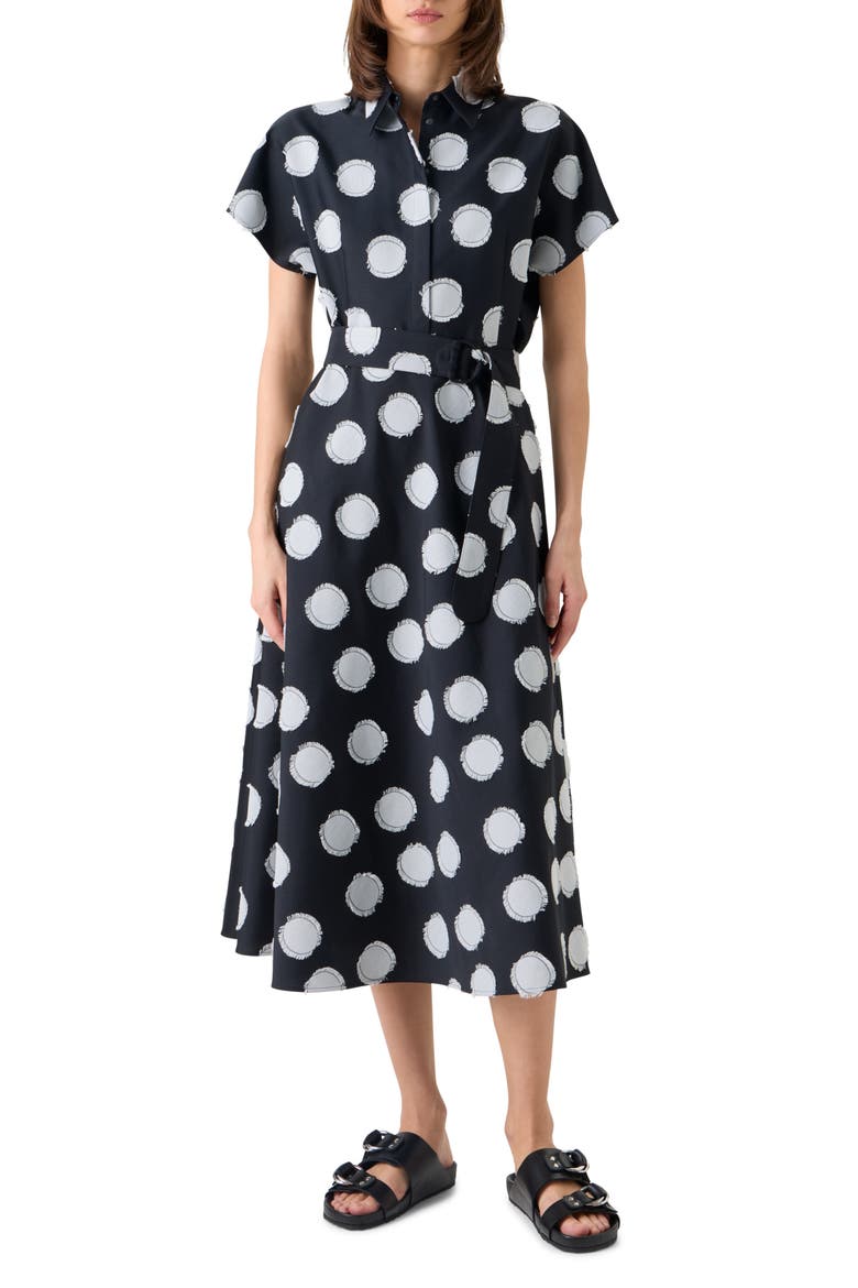 Fringed Fil Coupé Polka Dot Jacquard Belted A-Line Shirtdress, Main, color, BLACK-CREAM