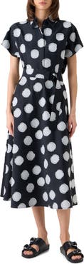 Akris punto Fringed Fil Coupé Polka Dot Jacquard Belted A-Line Shirtdress