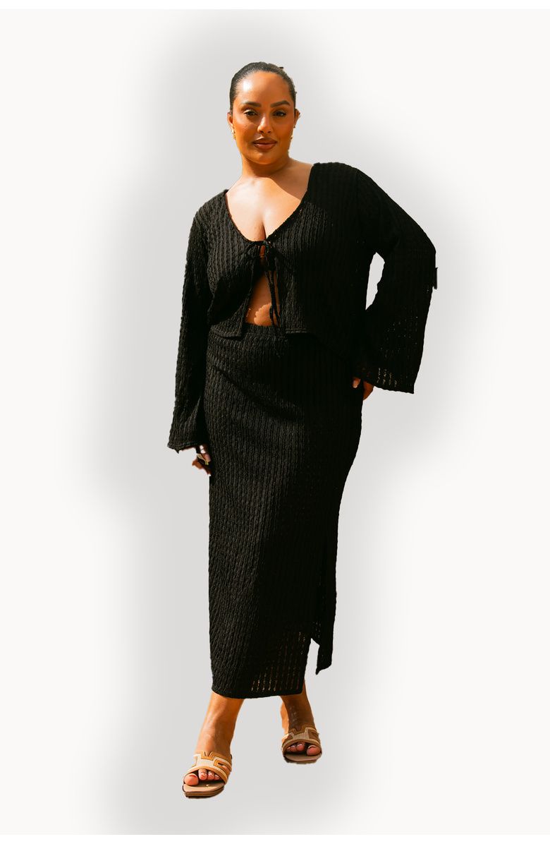 FASHION-SZN CURVE Curve Crochet Tie Front Resort Top, Main, color, Black