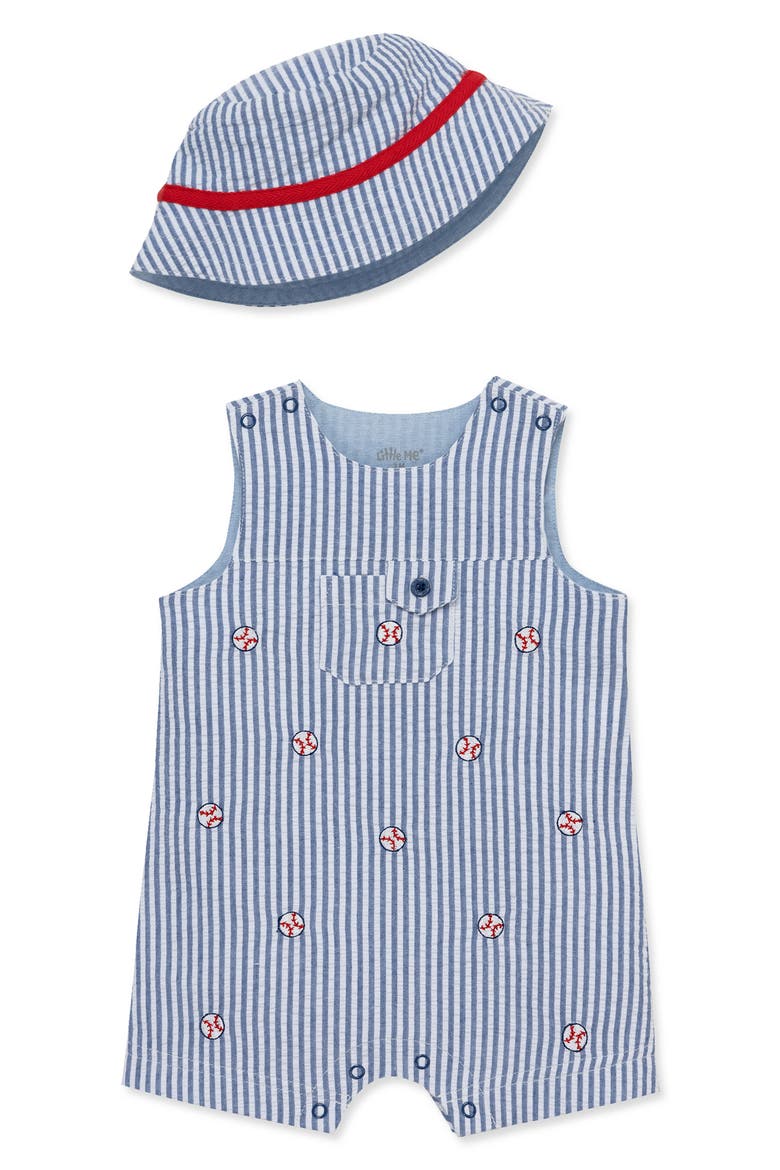 Embroidered Seersucker Cotton Romper & Bucket Hat Set, Main, color, BLUE