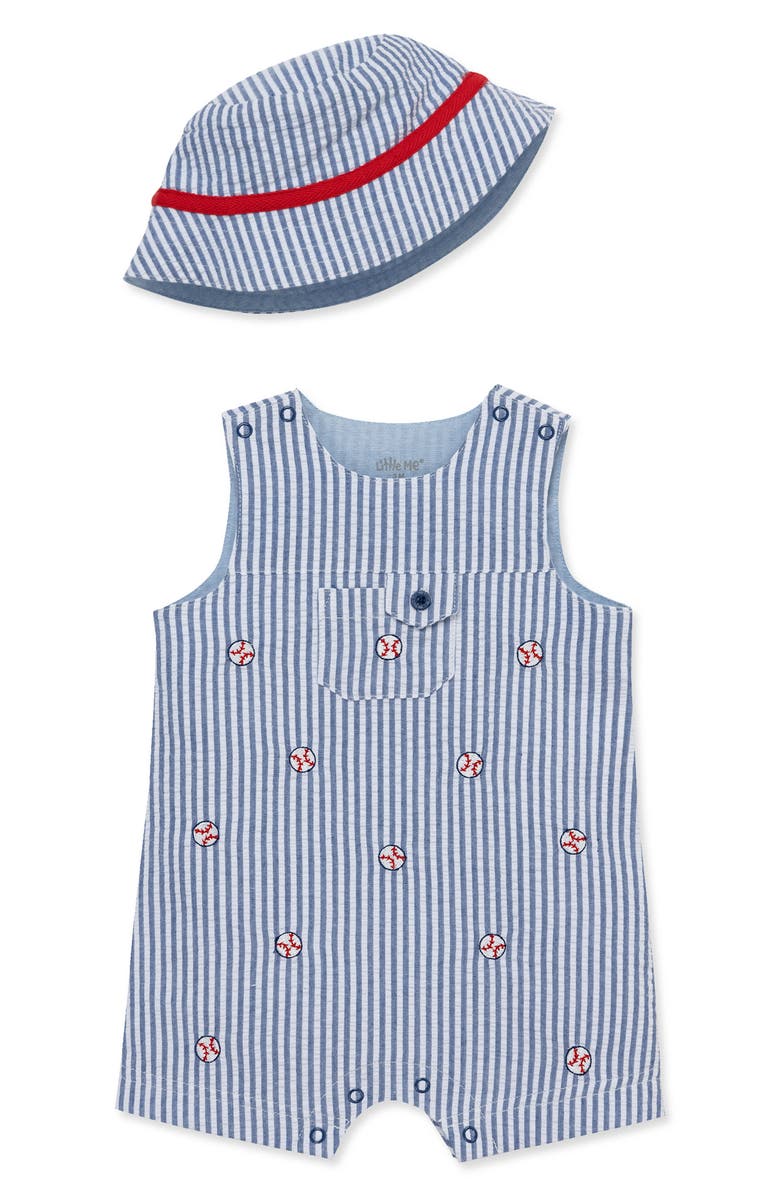 Little Me Embroidered Seersucker Cotton Romper & Bucket Hat Set, Main, color, Blue