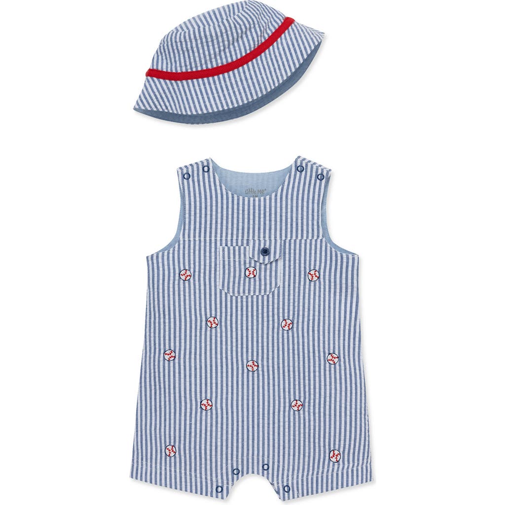 Shop Little Me Embroidered Seersucker Cotton Romper & Bucket Hat Set In Blue