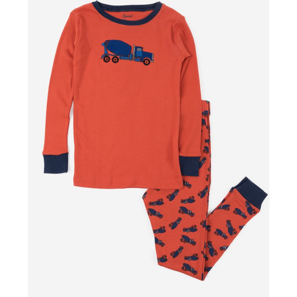 Leveret Two-piece Printed Cotton Pajamas, Vehicles & Machines In Orange