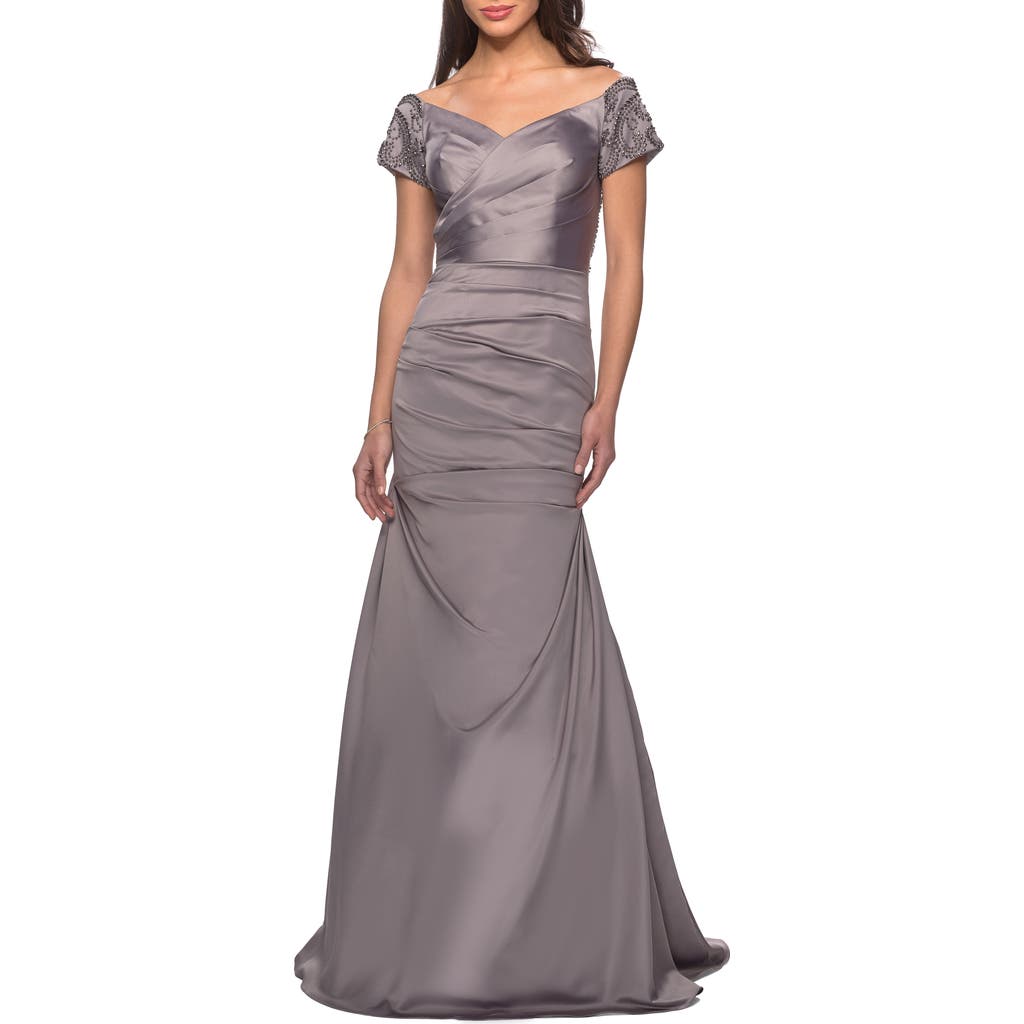 La Femme Satin Off The Shoulder Dress With Beaded Sleeves In Silver