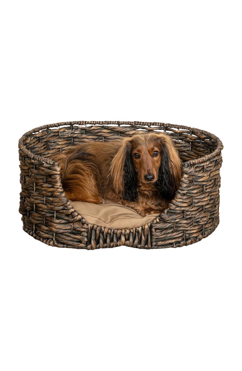 The Licker Store Perri 24" x 18" Classic Farmhouse Handwoven Hyacinth Oval Pet Bed, Machine-Washable Cushion, Alternate, color, Brown