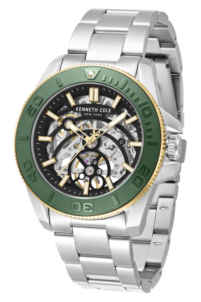 Liberty Skeleton Automatic Bracelet Watch, 43mm, Alternate, color, SILVER