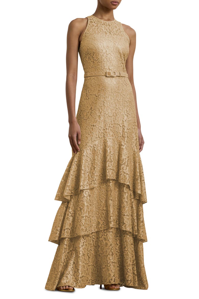 Lauren Ralph Lauren Metallic Belted Tiered Lace Gown (Women