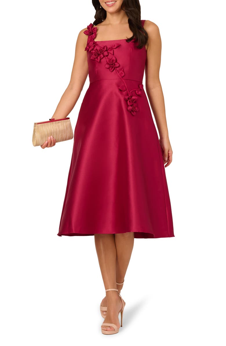 Adrianna Papell Mikado 3D Petal Fit & Flare Dress, Main, color, Red Plum