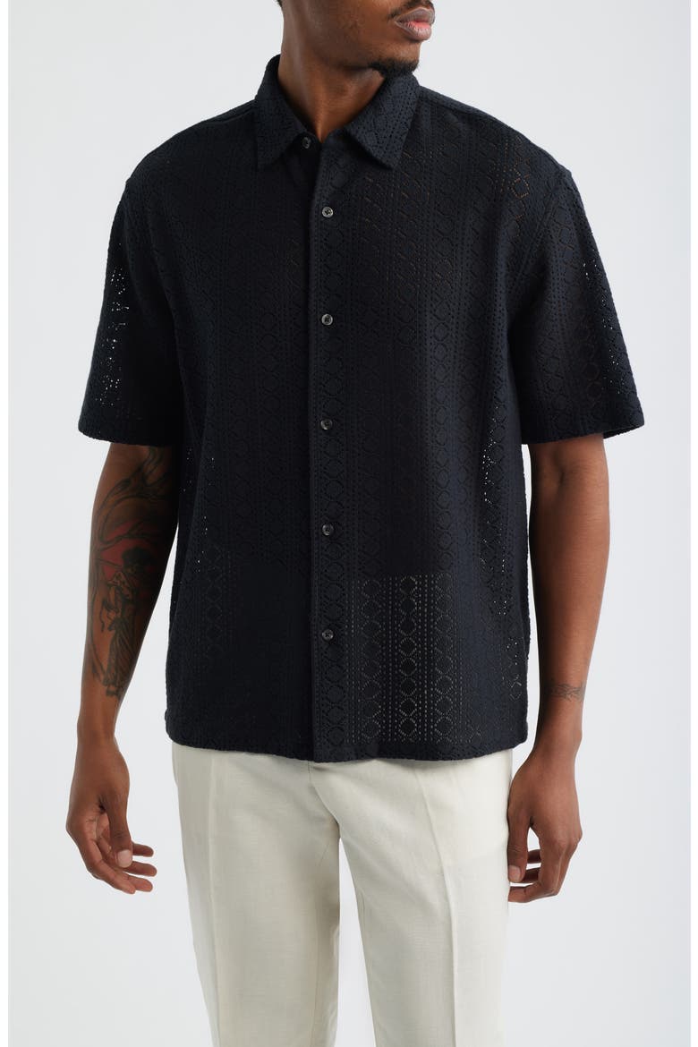 Boxy Lace Short Sleeve Button-Up Shirt, Main, color, BLACK