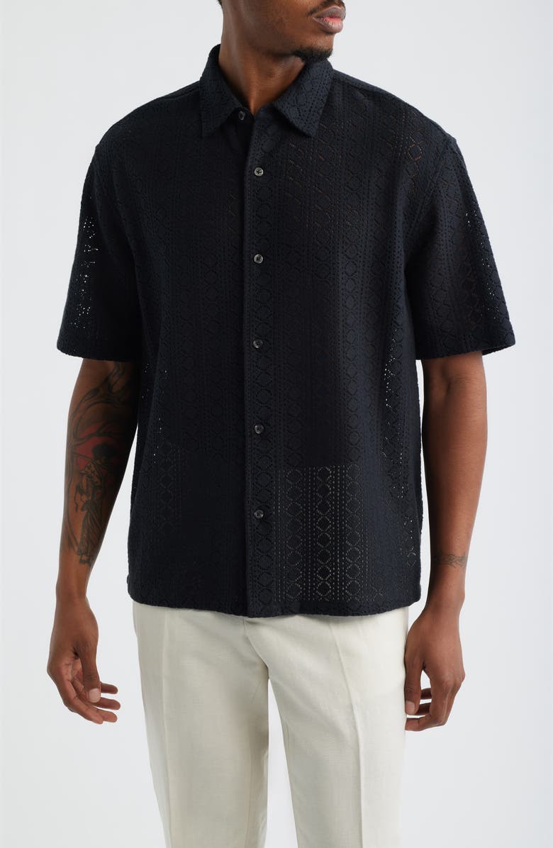 Open Edit Boxy Lace Short Sleeve Button-Up Shirt, Main, color, Black