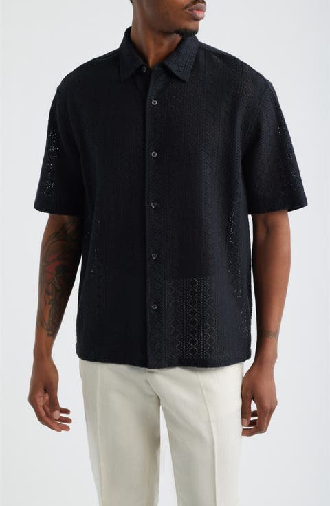 Boxy Lace Short Sleeve Button-Up Shirt
