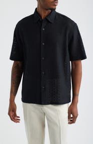 Open Edit Boxy Lace Short Sleeve Button-Up Shirt