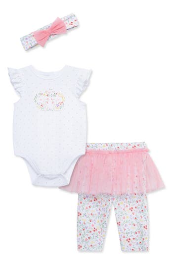 Shop Little Me Swans Bodysuit, Skirted Leggings & Headband Set In Pink