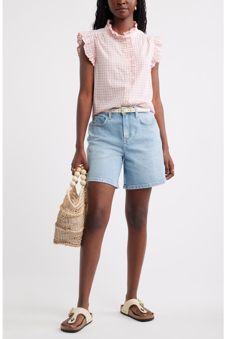 Ruffle Sleeve Cotton Blend Top, Alternate, color, IVORY- PINK WINNIE PLAID