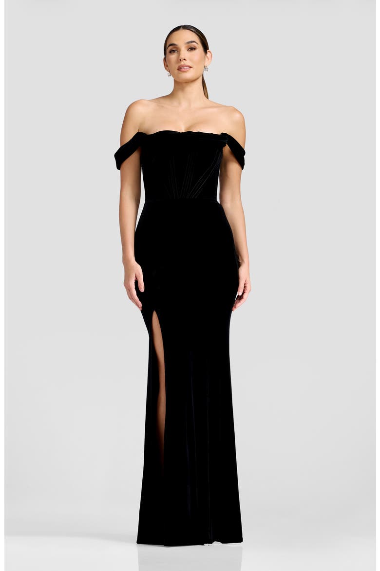 Melania Off the Shoulder Velvet Gown, Alternate, color, BLACK
