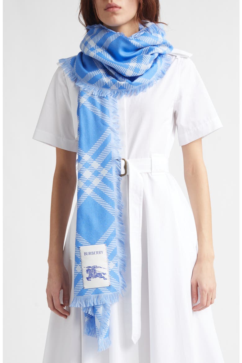 Check Wool & Silk Fringe Scarf, Alternate, color, DIVE BLUE