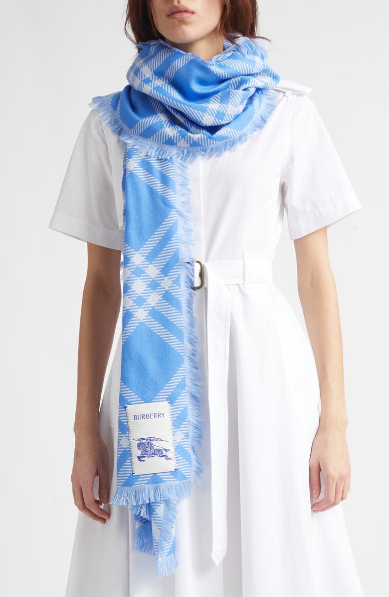 Burberry Check Wool & Silk Fringe Scarf, Alternate, color, Dive Blue
