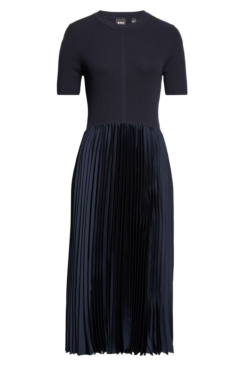 Fadridi Short Sleeve Mixed Media Midi Dress, Main, color, NAVY
